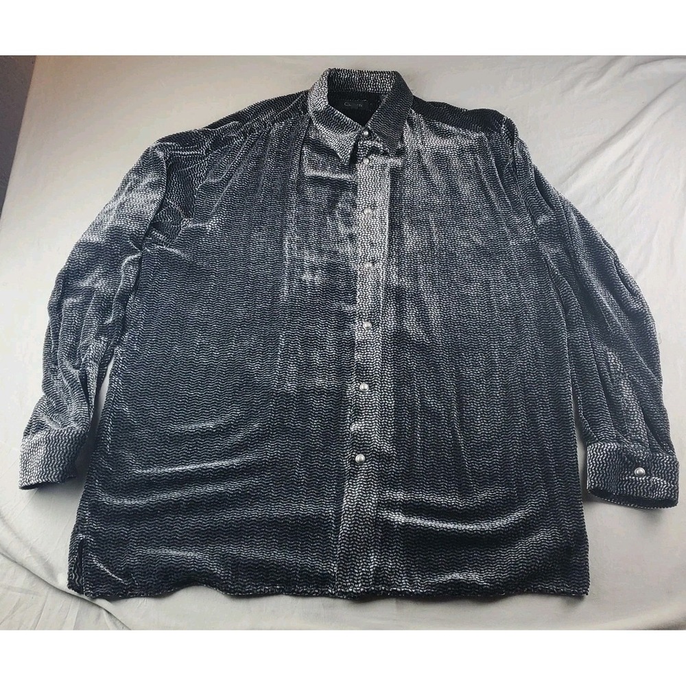 Vtg Genelli Shirt Mens XLT black Pearl Buttons Two Tone Velvet Waffle Button Up